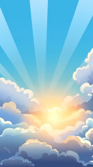 Fototapeta premium Vector evening sky clouds. Anime style background with shining sun and white fluffy clouds. Sunny day sky scene cartoon vector illustration.