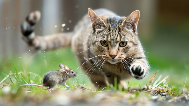 A tabby cat chases a small mouse through a grassy field.