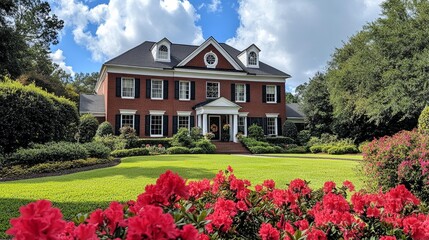 A large, three-story red brick home with white accents and black shutters in the suburban area of Georgia is surrounded by lush green grass and colorful flowers