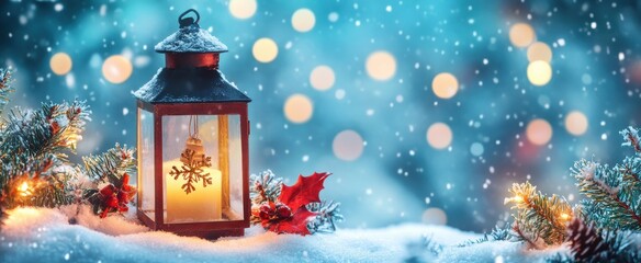 Christmas background with lantern, snow, and decorations on blue backdrop. Stars, lights, pine branches, bokeh effect.