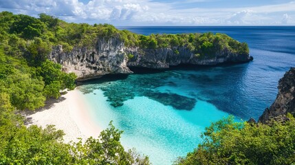 Secluded Cove with Turquoise Waters and White Sandy Shores, Nestled Among Towering Cliffs and Lush Vegetation. AI generated illustration