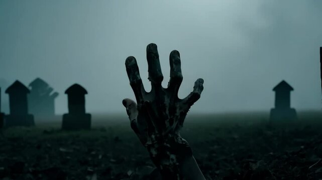 Animation of creepy dirty zombie hand rising on night evil cemetery in full moon. Monster rising from the grave. Trick or Treat. Holiday Halloween concept