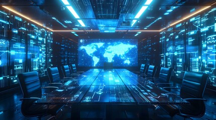 Futuristic Virtual Meeting Room with Holographic Tools and Communication Technology