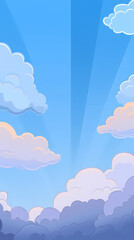 Vector evening sky clouds. Anime style background with shining sun and white fluffy clouds. Sunny day sky scene cartoon vector illustration.