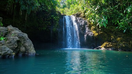 Fototapeta premium Secluded Waterfall Cascading into a Tranquil Pool Surrounded by Lush Tropical Foliage. AI generated illustration
