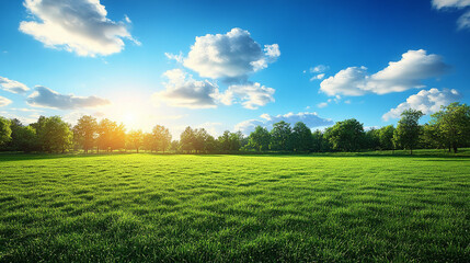 Obraz premium A tranquil green field stretches into the horizon under a vast, clear blue sky. The scene captures the serenity and simplicity of nature, symbolizing peace, growth, and the boundless possibilities of 