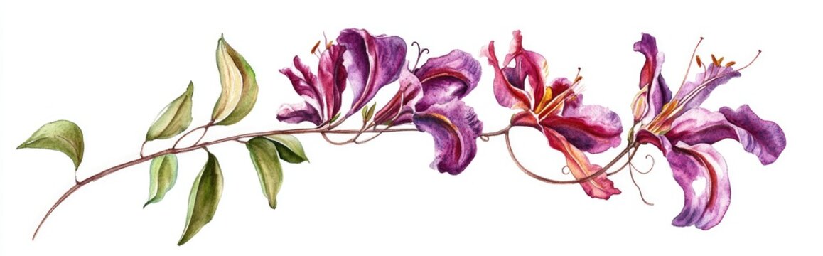 Vibrant purple gloriosa flower on a stem Floral arrangement featuring flowers leaves on a climbing twig and a bud Isolated on a white background Watercolor artwork Hand painted botanical illustrat