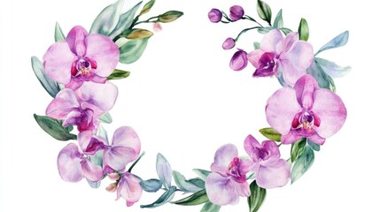 Vintage watercolor wreath with orchids as a decorative border