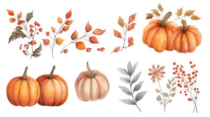 Watercolor collection of autumn floral arrangements featuring pumpkins leaves and branches on a white background Suitable for invitations cards banners and online use