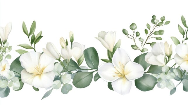 Watercolor border featuring white freesia flowers and eucalyptus leaves Handcrafted floral design suitable for wedding invitations floral arrangements and beauty salons Tropical spring blooms