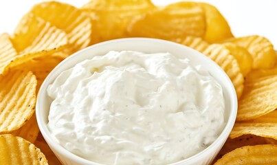 bowl of sour cream and onion dip surrounded by ruffled potato chips