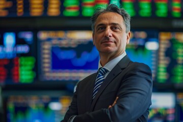 Portrait professional middle aged businessman in suit against stock market screens background.