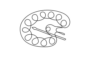 Palette and paint brush continuous one line drawing vector illustration, brush and painting palette one line drawing vector illustration isolated on white background