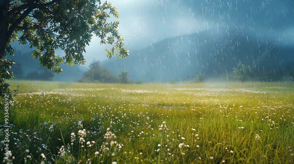 Canvas Prints rain falls on a field of wildflowers with a forest in the background.