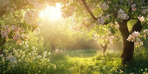 Blooming tree in a sunny meadow.