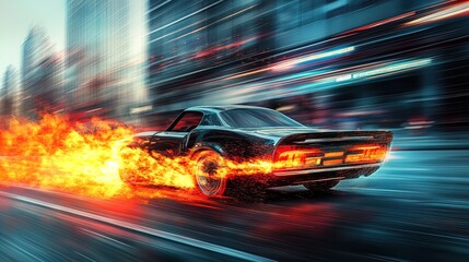 Fototapeta premium Rev Up Your Space: Vintage Car Racing Poster with Vibrant Flames and Urban Vibes – Perfect for Sports Interiors and Auto Enthusiasts!