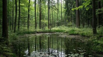 Fototapeta premium Secluded Forest Glade with a Crystal-Clear Pond Surrounded by Towering Trees and Thick Underbrush. AI generated illustration