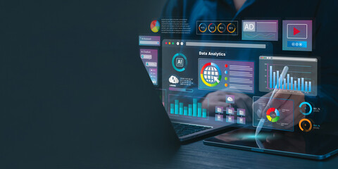 Data analytics automated with AI technology. Businessman use laptop and dashboard for Automating...