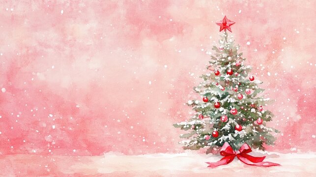 Red ribbon Christmas tree on pink watercolor backdrop Watercolor art suitable for greeting cards