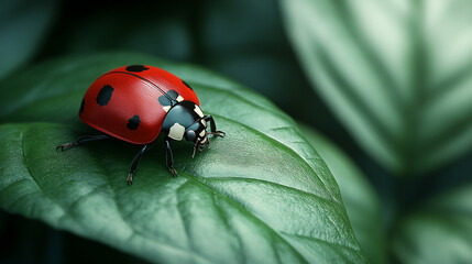 Fototapeta premium red ladybug rests delicately on a lush green leaf, capturing the serene beauty of nature. The close-up shot highlights the ladybug's detailed patterns, symbolizing good luck, protection, and renewal