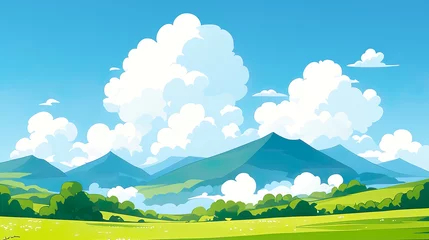 Rolgordijnen zonder boren 夏の山と入道雲のイラスト風景 © AYANO