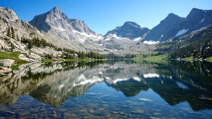 Naklejka premium Tranquil Mountain Lake Surrounded by Tall Snow-Capped Peaks with a Glass-Like Surface Reflecting the Clear Sky and Rugged Landscape. AI generated illustration