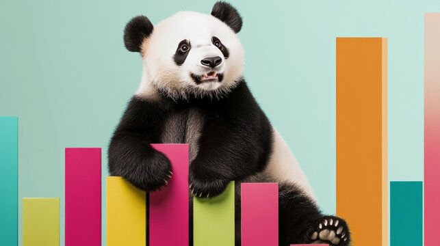 A panda sits on colorful bar charts, symbolizing data cleaning and analysis using the Pandas tool