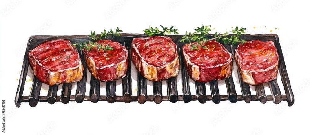 Wall mural raw beef steak with thyme on a barbecue grill isolated on a white background watercolor illustration