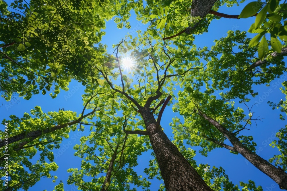 Poster A sunny day scene with sunlight shining through the leaves of a tree