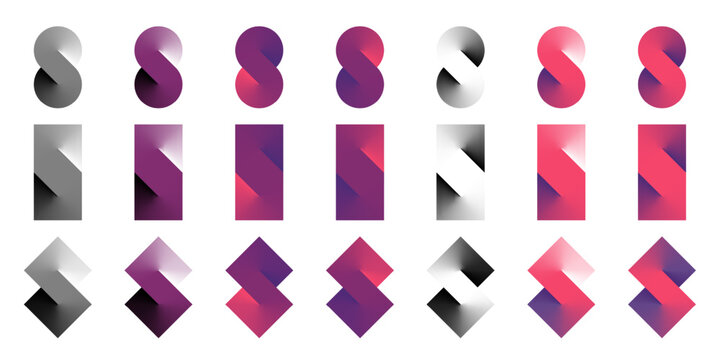 S logo infinite icon. Eight symbol abstract gradient letter endless double loop. Round, square and rhombus tile connect sign. 3d spin shape monochrome colored number 8. Mobius strip swirl flat block