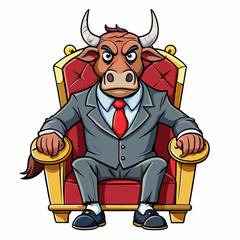Stylized Angry Bull in a Suit Seated on a Fancy Chair, Hand-Drawn on White Background art vector illustration