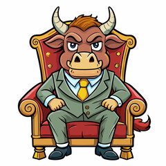Stylized Angry Bull in a Suit Seated on a Fancy Chair, Hand-Drawn on White Background art vector illustration