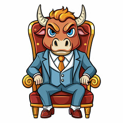 Stylized Angry Bull in a Suit Seated on a Fancy Chair, Hand-Drawn on White Background art vector illustration