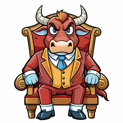 Stylized Angry Bull in a Suit Seated on a Fancy Chair, Hand-Drawn on White Background art vector illustration