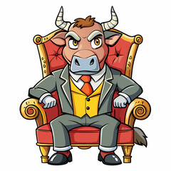Stylized Angry Bull in a Suit Seated on a Fancy Chair, Hand-Drawn on White Background art vector illustration