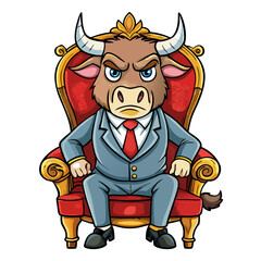 Stylized Angry Bull in a Suit Seated on a Fancy Chair, Hand-Drawn on White Background art vector illustration