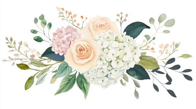 Watercolor bouquet featuring roses and hydrangeas botanical design with greenery suitable for spring and summer themes clipart for wedding invitations save the date cards bridal showers vintage st - Powered by Adobe