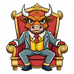 Stylized Angry Bull in a Suit Seated on a Fancy Chair, Hand-Drawn on White Background art vector illustration
