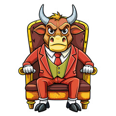 Stylized Angry Bull in a Suit Seated on a Fancy Chair, Hand-Drawn on White Background art vector illustration