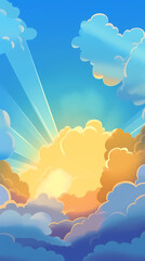 Fototapeta premium Vector evening sky clouds. Anime style background with shining sun and white fluffy clouds. Sunny day sky scene cartoon vector illustration.