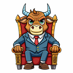 Stylized Angry Bull in a Suit Seated on a Fancy Chair, Hand-Drawn on White Background art vector illustration