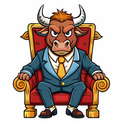 Stylized Angry Bull in a Suit Seated on a Fancy Chair, Hand-Drawn on White Background art vector illustration