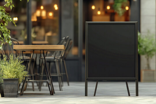 Mockup empty black square shape sign in front of cafe