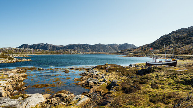 view of the village of Gjesvaer during a sunny spring day, north Cape, mageroya island, Norway