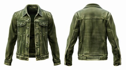 Blank olive green denim jacket mockup, front and back view, isolated on a white background. 