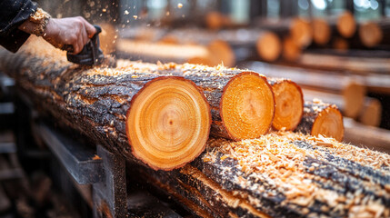 man's hands skillfully operating machinery in a sawmill warehouse. The workers hands, rough and weathered, represent dedication and craftsmanship. The background is blurred, highlighting focus on the 