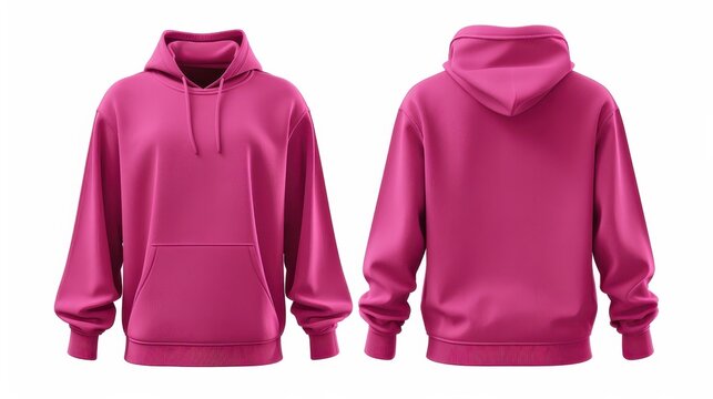 Blank magenta fleece hoodie mockup, front and back view, isolated on a white background. 