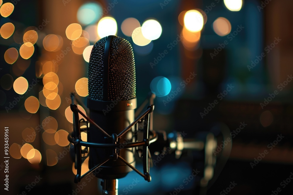 Poster a close-up of a microphone with the background lights blurred, suitable for use in music or concert-