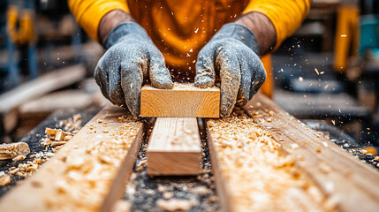 man's hands skillfully operating machinery in a sawmill warehouse. The worker’s hands, rough and weathered, represent dedication and craftsmanship. The background is blurred, highlighting focus on the