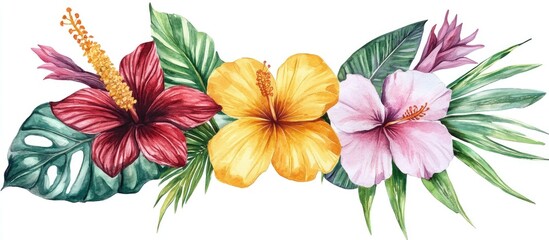 Hand painted watercolor arrangement of tropical flowers on a white background